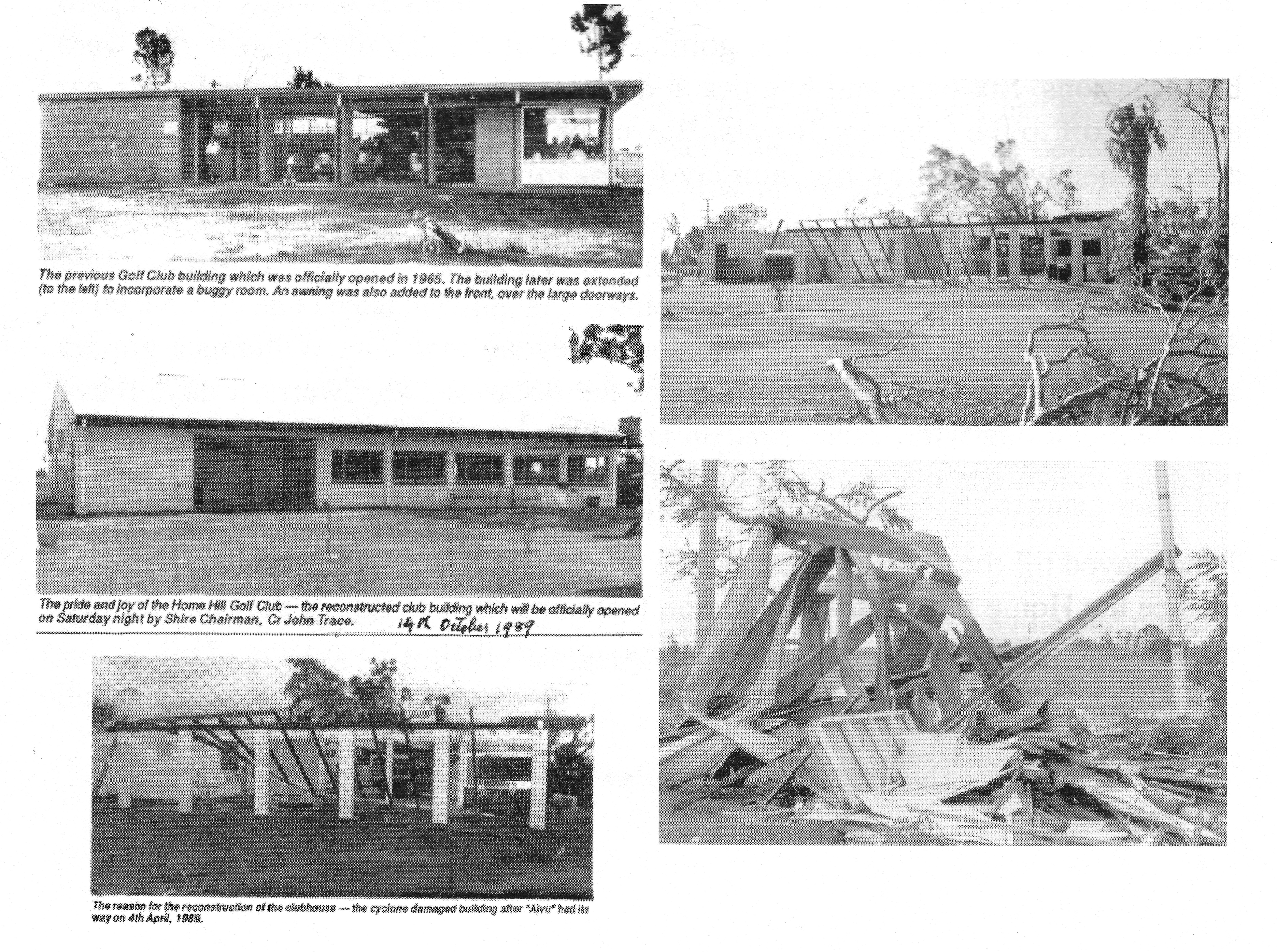 Newspaper feature: the 1965 clubhouse, the 1989 cyclone damage and the rebuilt clubhouse opened that October.